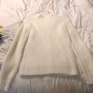 White fluffy v neck sweater